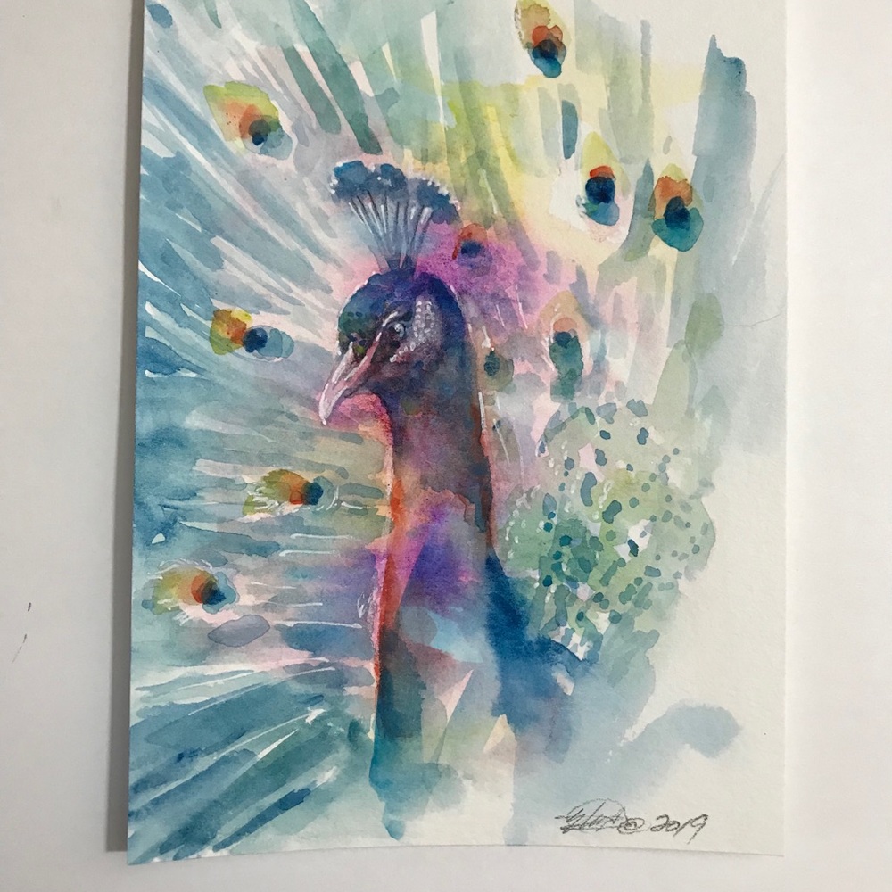 ⭕️ SOLD ⭕️ Original painting peacock Wildlife art - Picture 2 of 8